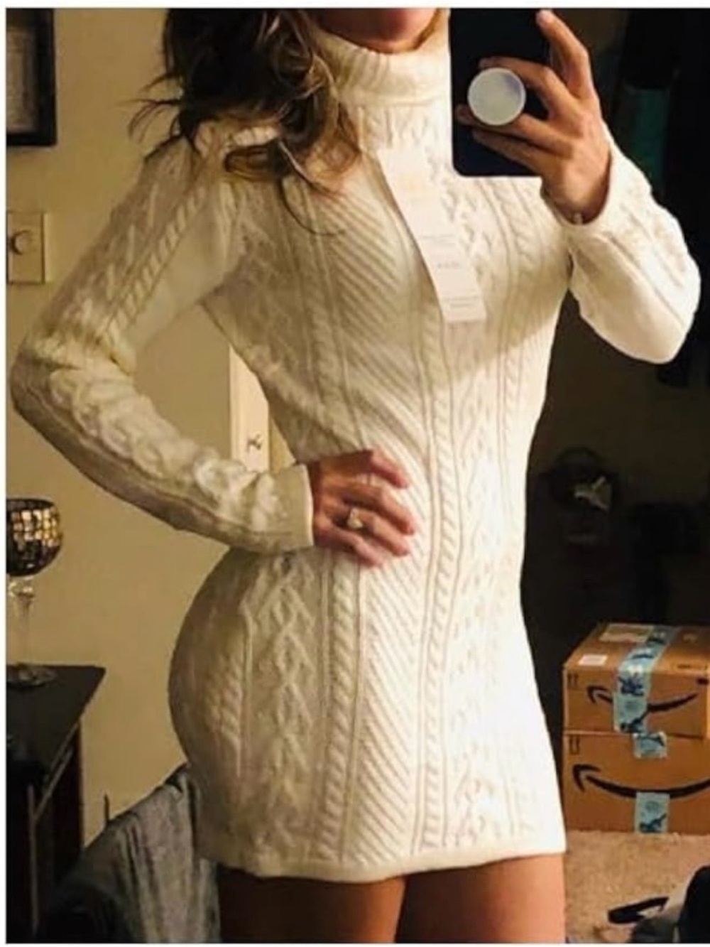 Cable Knit Turtleneck Sweater Dress - Cream